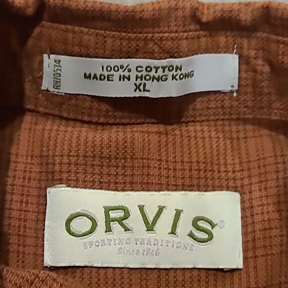 Orvis mens tan and brown plaid cotton long sleeve button front short size xl - Picture 2 of 3